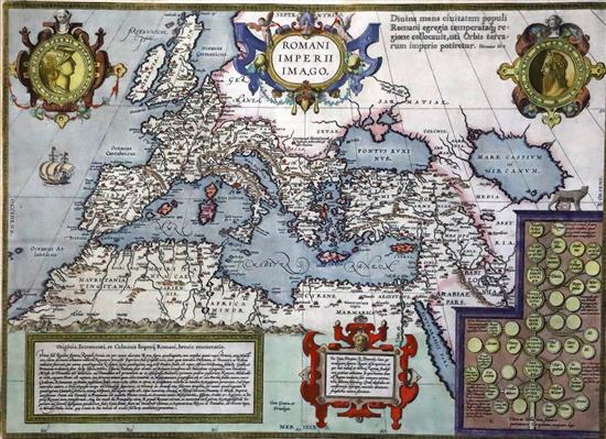 Abraham Ortelius Map of Romani Imperii Imago, n.d. (1570 or later), Theatrum Orbis Terrarum Latin edition, later hand coloured 14 x 1